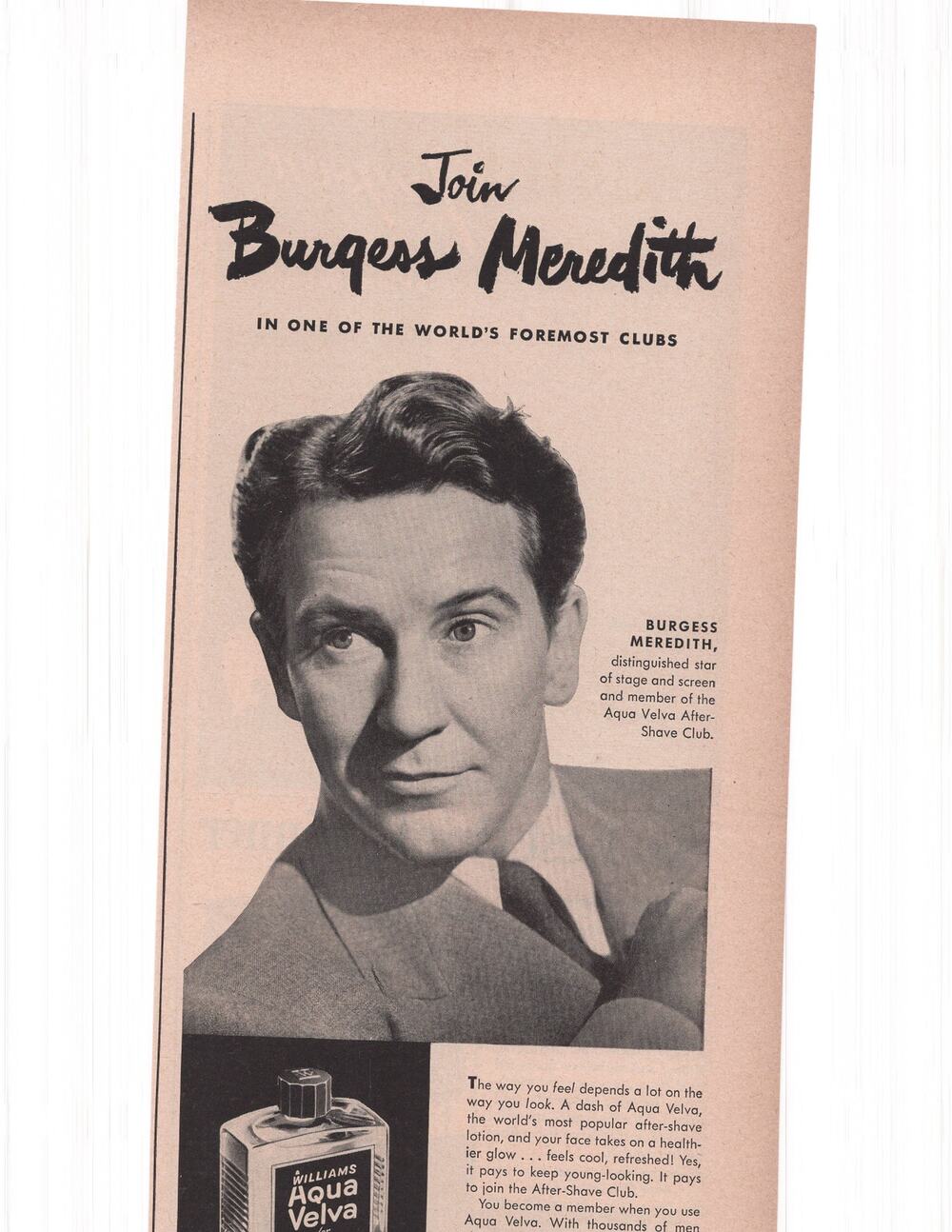 Aqua Velva After Shave Magazine Advertisement 1950s Burgess Meredith Vintage